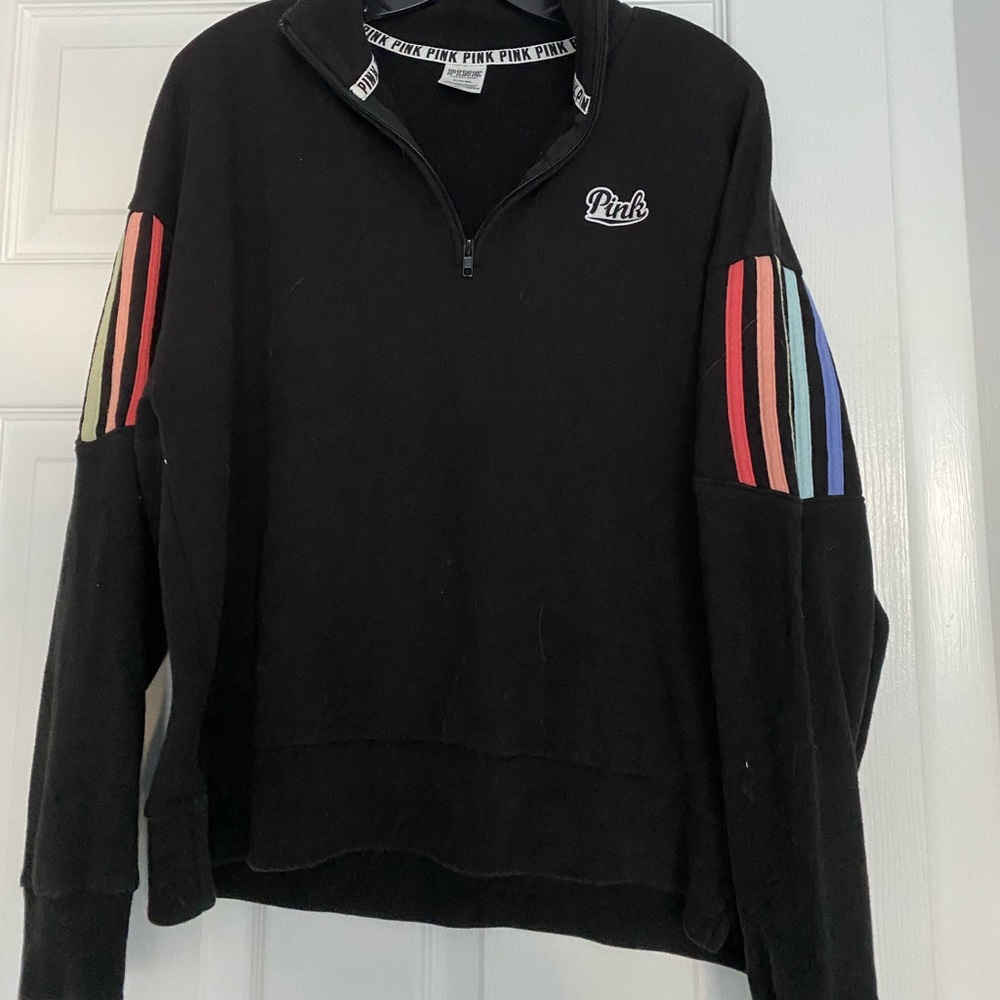 Pink rainbow sleeve stripe quarter zip sweatshirt